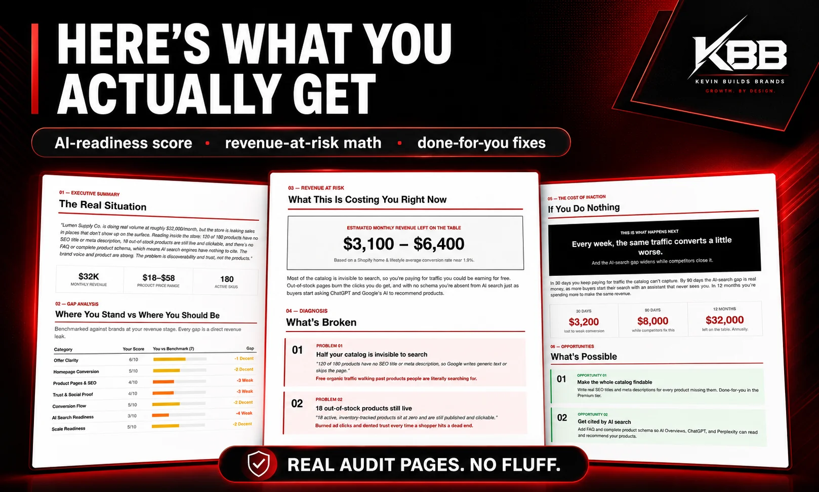Here's what you actually get: real audit pages with AI-readiness score, revenue-at-risk math, and done-for-you fixes