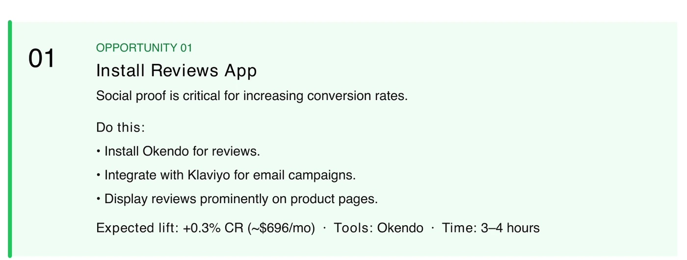 Sample opportunity card from the audit showing install reviews app with expected lift, tools, and time estimate
